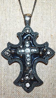 Very Large BLACK Bejeweled CROSS/PENDANT (4" x 2¾") with SNAP HOLDER on a Silver Tone Necklace Chain 17" L