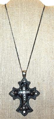 Very Large BLACK Bejeweled CROSS/PENDANT (4" x 2¾") with SNAP HOLDER on a Silver Tone Necklace Chain 17" L