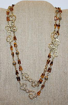 Gold Colored "Figure 8" Swirls WRAP-AROUND NECKLACE with AMBER "Chunk" Stone Accents on a Gold Tone Chain and Circle...