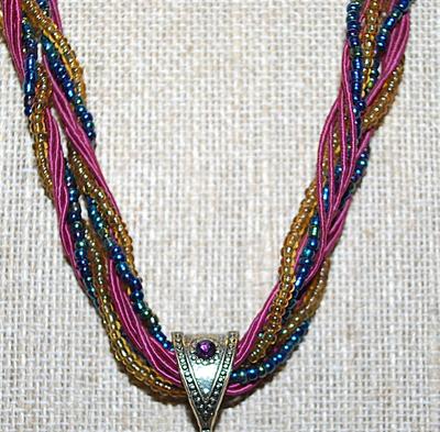 Large Decorated Purple Teardrop REVERSIBLE PENDANT NECKLACE with Intertwined Capped Beads and Cords Chain and Lobster Clasp 16" L