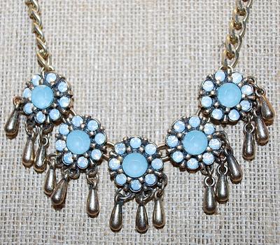 Very Pretty Robin's Egg BLUE NECKLACE with 5 "Flowers" and Triple Metal Dangles and Gold Tone Chain and Lobster Clasp...