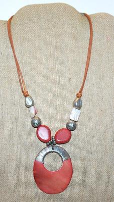 Showy Pink Acrylic Disk, Stones & Beads NECKLACE with Leather Style Cord and Large Lobster Clasp 14" L