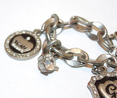 "GUESS" Brand Silver Tone BRACELET (3" Opening) with Solid Links, Assorted CHARMS and Lobster Clasp