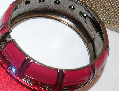 SANGRIA RED CUFF BRACELET (2¼" Opening) with Clear Round Stones Middle Row and Vertical Accent Lines on a Spring-Load Close