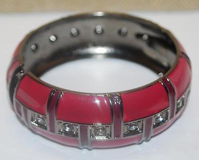 SANGRIA RED CUFF BRACELET (2¼" Opening) with Clear Round Stones Middle Row and Vertical Accent Lines on a Spring-Load Close