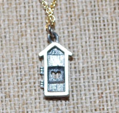 Silver "Outhouse" PENDANT (¾" x ¼") on a Gold Tone Adjustable Necklace Chain 18-14" L