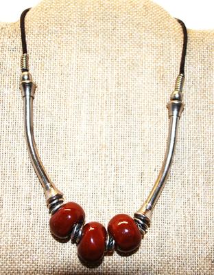 Metal Side-Braced Necklace with Ceramic Brown Spheres Size 13"