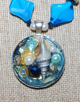 Unique "PEARLS & SEASHELLS" PENDANT (1¼" Diam.) NECKLACE with Blue Acrylic Beads Accents on a Silver Tone Chain &...