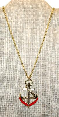 Red & White ANCHOR CROSS PENDANT (2" x 1½") NECKLACE with Gold Tone Chain and Lobster Clasp 34" L