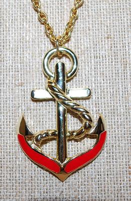 Red & White ANCHOR CROSS PENDANT (2" x 1½") NECKLACE with Gold Tone Chain and Lobster Clasp 34" L