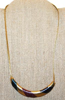 Red, Black & Gold CURVED BAR NECKLACE with Gold Tone Snake-Link Style Chain and Lobster Clasp 16" L