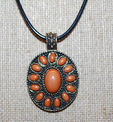 Beautiful Oval ORANGE CABOCHON PENDANT (1¾" x 1¼") NECKLACE With Black ROPE Chain & Lobster Clasp 18" L