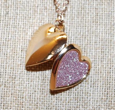 Pink Glitter Heart LOCKET PENDANT (1" x 1") on a Rose Gold necklace Chain 18" L