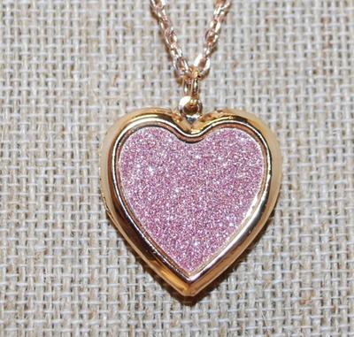 Pink Glitter Heart LOCKET PENDANT (1" x 1") on a Rose Gold necklace Chain 18" L