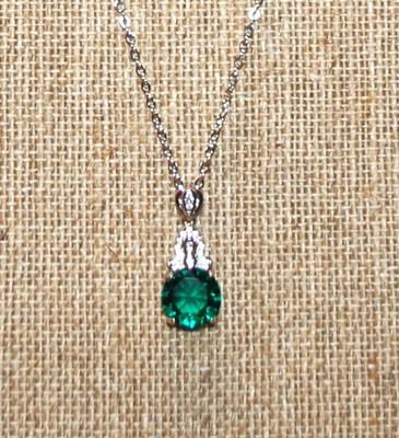 Round Green Stone & Clear Stones Crown Top PENDANT (¾" x ¼") on a Silver Tone Necklace Chain 18" L