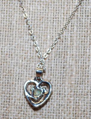 Heart Shaped Iridescent Moonstone on Heart PENDANT (½" x ½") on Silver Chain Necklace 17" L
