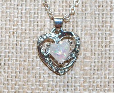 Heart Shaped Iridescent Moonstone on Heart PENDANT (½" x ½") on Silver Chain Necklace 17" L