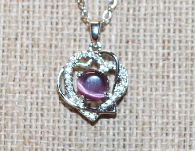 Entangled Hearts PENDANT (¾" x ¾") with Iridescent Purple Center Stone on a Silver Tone Necklace Chain 18" L