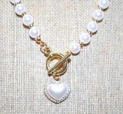 Faux Pearls & Pearl Styled Heart Necklace Choker & PENDANT (¾" x ½") with Toggle Clasp 12" L