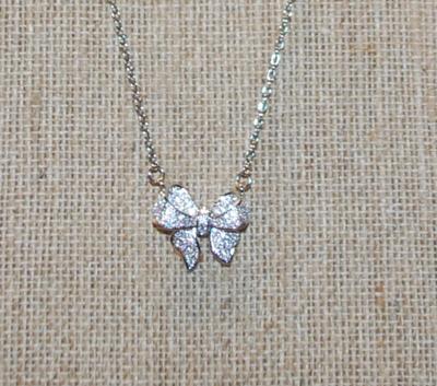 "Bowtie Ribbon" Sparkle Stones PENDANT (¾" x ¾") on a Silver Tone Necklace Chain 16" L