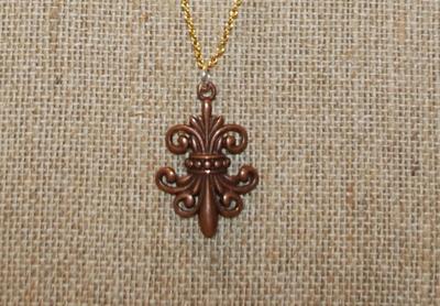 "Fleur-de-Lis" Style Brown PENDANT (1" x ¾") on a Gold Tone Necklace Chain 17" L