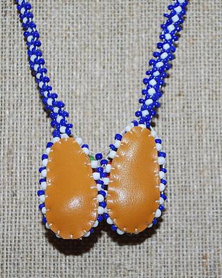 Beaded Moccasin Style PENDANT (1½" x 1¼") on a Blue & White NECKLACE CHAIN 24" L