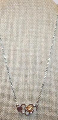 Two Tone Golden Bumblebee on a Silvery Honeycomb PENDANT (1¼" x ¾") on a Silver Tone Necklace Chain 16" L