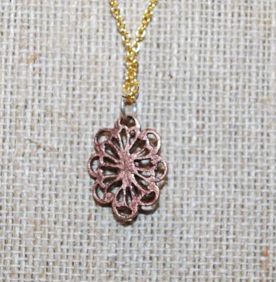 Small Swirled Brown PENDANT (¾" x ½") with Brown/Amber Center Stone on a Gold Tone Necklace Chain 18" L
