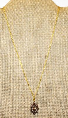 Small Swirled Brown PENDANT (¾" x ½") with Brown/Amber Center Stone on a Gold Tone Necklace Chain 18" L