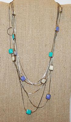 Long Wrap-Around Necklace with Double-Sided Lavender, Aquamarine & White Ceramic Squares on Silver Tone Chain and Lobster Clasp...