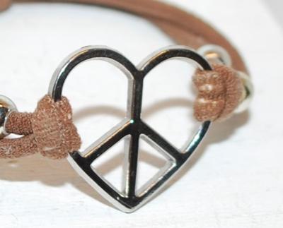 Silver Tone Peace HEART (1" x ¾") Bracelet with Brown Cloth Expandible Tie 2½" to 4"