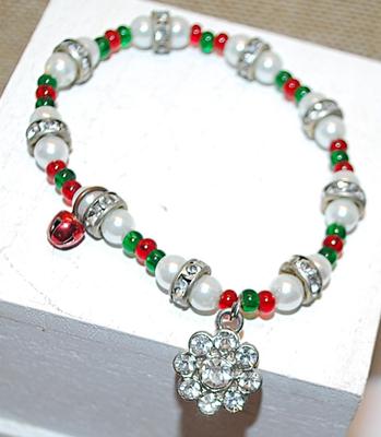 ELASTIC RED, GREEN & WHITE Beaded Bracelet (3" Circ.) with Clear Stones Discs & Round "9 Stone Star" Attachment