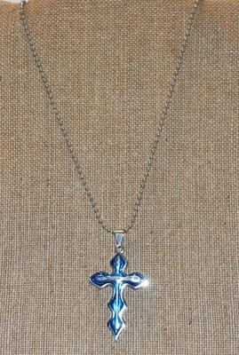Silver on Blue Cross PENDANT (3 " x 1 ¼") on a Silver Necklace 23" L