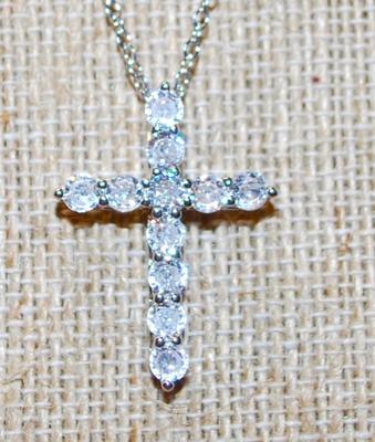 11 Diamond Style Bright Stones Cross PENDANT (1¼" x 1") Back Hook Attachment on a Silver Tone Necklace Chain 17" L