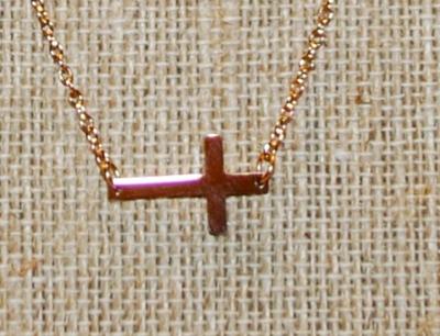 Sideways Gold Tone Cross (¾" x ½") on a Rose Gold Necklace Chain 16" L