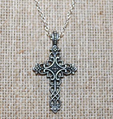 Silver Spheres & Black Twisted Cross PENDANT (1½" x ¾") on an Adjustable Silver Tone Necklace Chain 18-14" L