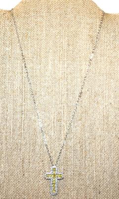 Lemon Yellow Stones Insert & Clear Stones Surrounds Cross PENDANT (1" x ¾") on a Silver Tone Necklace Chain 17" L
