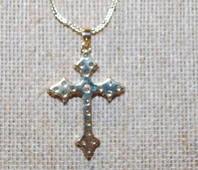 All Glitter Pointed Ends Cross PENDANT (1½" x ¾") on a Gold Tone Necklace Chain 17" L