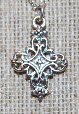 Compact Silver Tone Filigree Styled Cross PENDANT (1" x ¾") on a Silver Tone Adjustable Necklace Chain 14"-18" L