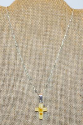 .925 Silver Acrylic Flower Cross PENDANT (¾" x ½") on a Silver Tone Necklace Chain 18" L