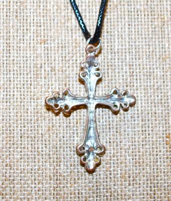Aqua Blue Stones Cross PENDANT (1¾" x 1¼") on a Black Rope Chain 17" L