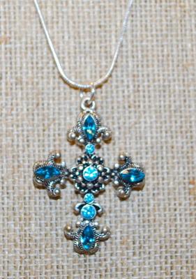 Fleur-de-Lis Blue Stones Cross PENDANT (1¾" X 1") on a .925 Silver Chain 18" L