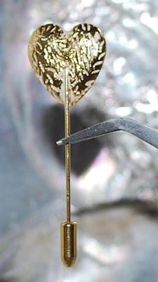 Gold Colored & WHITE HEART PIN (2¼" L) with Pin Guard on a Gold Tone Setting