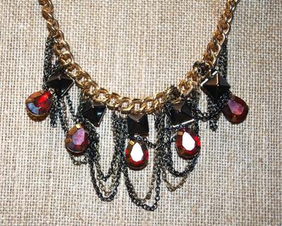 5 Faceted Pear Shaped Ruby Colored Stones with Chains Necklace 15" L