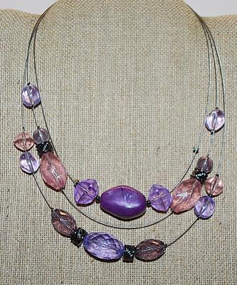 Stiff-Wired NECKLACE with Irregular Shaped Pinks, Purples & Blue Acrylic Stones and Lobster Dangle Clasp 18" L