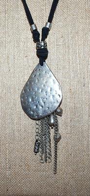 Wrap-Around Hammered Metal Triangle NECKLACE with Unidentified Hallmark & Bead Dangles on a Black Cloth Rope and Lobster Clasp...