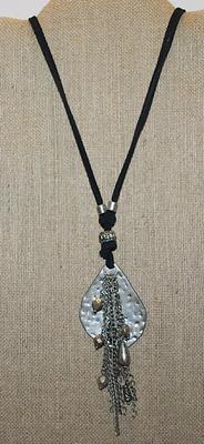 Wrap-Around Hammered Metal Triangle NECKLACE with Unidentified Hallmark & Bead Dangles on a Black Cloth Rope and Lobster Clasp...