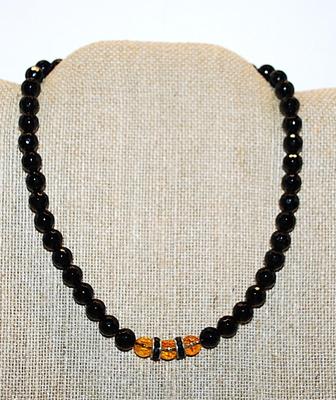 ELASTIC Black Beveled Stone NECKLACE with Triple Amber Colored Stone Accents 14"-16" L