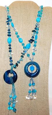 Collection of 2 BLUE RING Slip-Over NECKLACES with Blue and Green Accents 36" L
