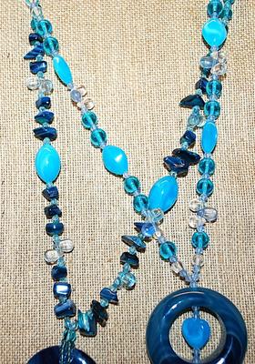 Collection of 2 BLUE RING Slip-Over NECKLACES with Blue and Green Accents 36" L